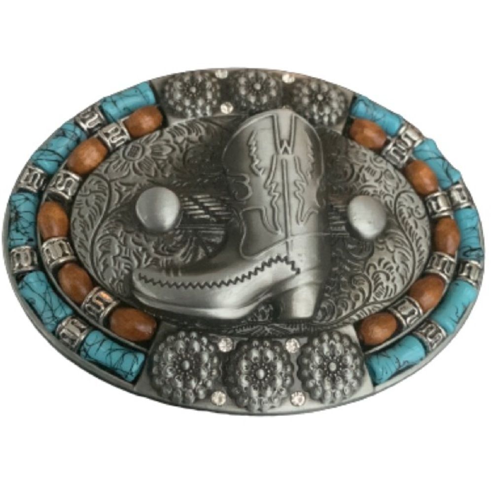 Boot Belt Buckle – Antiqued Silver Finish with Faux Turquoise, Western Cowgirl